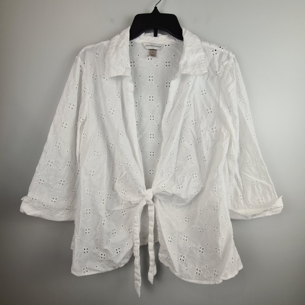 Christopher & Banks White Eyelet 3/4 Sleeve Tie Front Cotton Blouse XL Beach